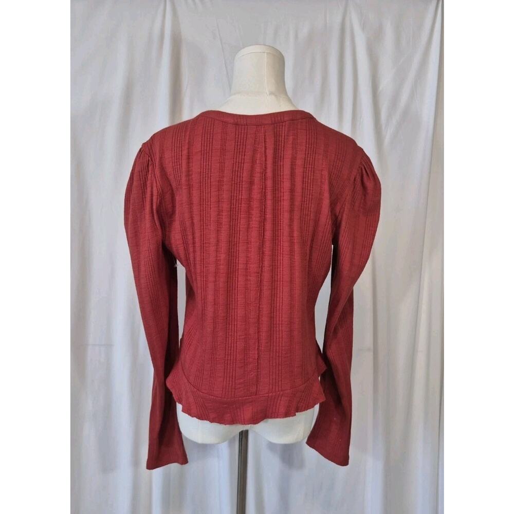 Pilcro Ribbed Puff Sleeved Red Cotton Blend Shirt Top Medium - Picture 9 of 11